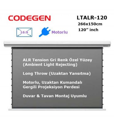 CODEGEN LTALR-120 Long Throw ALR Tension Gri Yüzey Motorlu Projeksiyon Perdesi 120 inch (266x150cm)