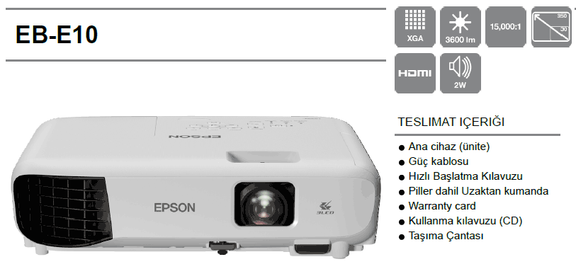 epson eb-e10 projeksiyon kutu içeriği