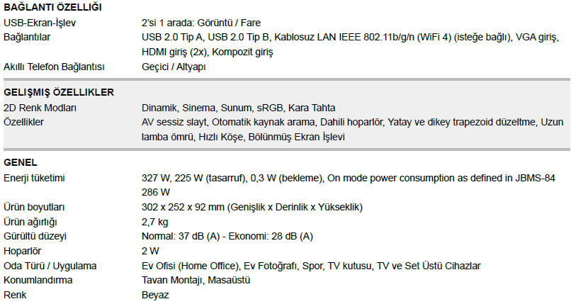 epson fh06 projeksiyon cihazı detay bilgiler