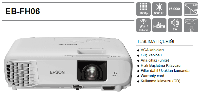 epson fh06 projeksiyon cihazı kutu içeriği