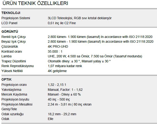 epson tw6150 teknik detaylar