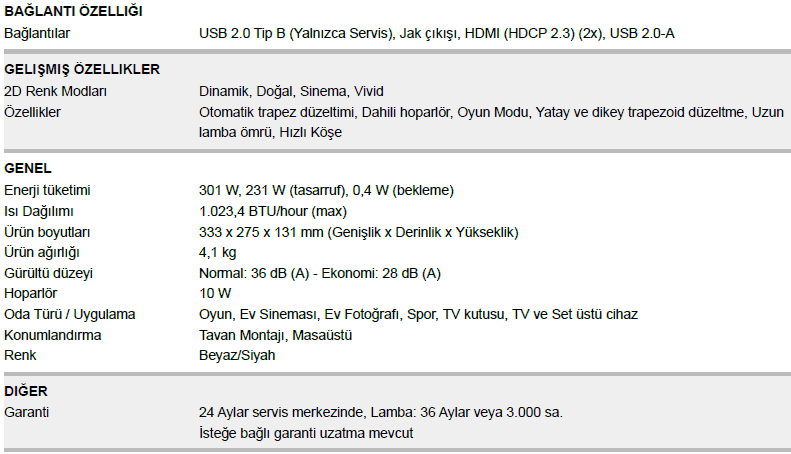 epson tw6150 teknik özellikler