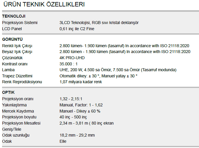 epson tw6250 teknik detaylar